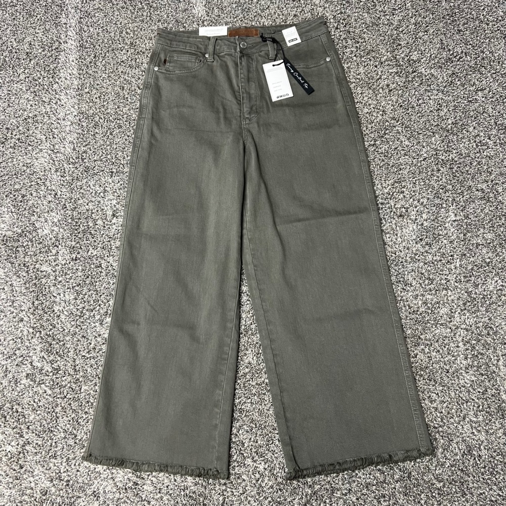 Judy Blue Olive Green Wide Leg Jeans High Waist Tummy Control Raw Hem 11/30